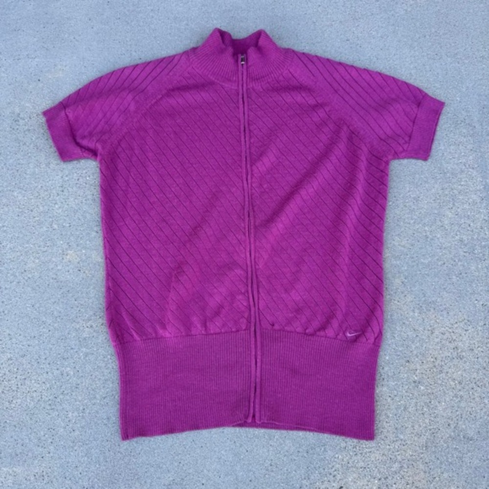 Nike Golf Women Large Pink Short Sleeve Full Zip‎ Mock Neck Knit Sweater Top